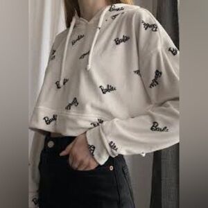 Primark | Velour Cropped Hoodie | Oversized XS | White with black "Barbie"